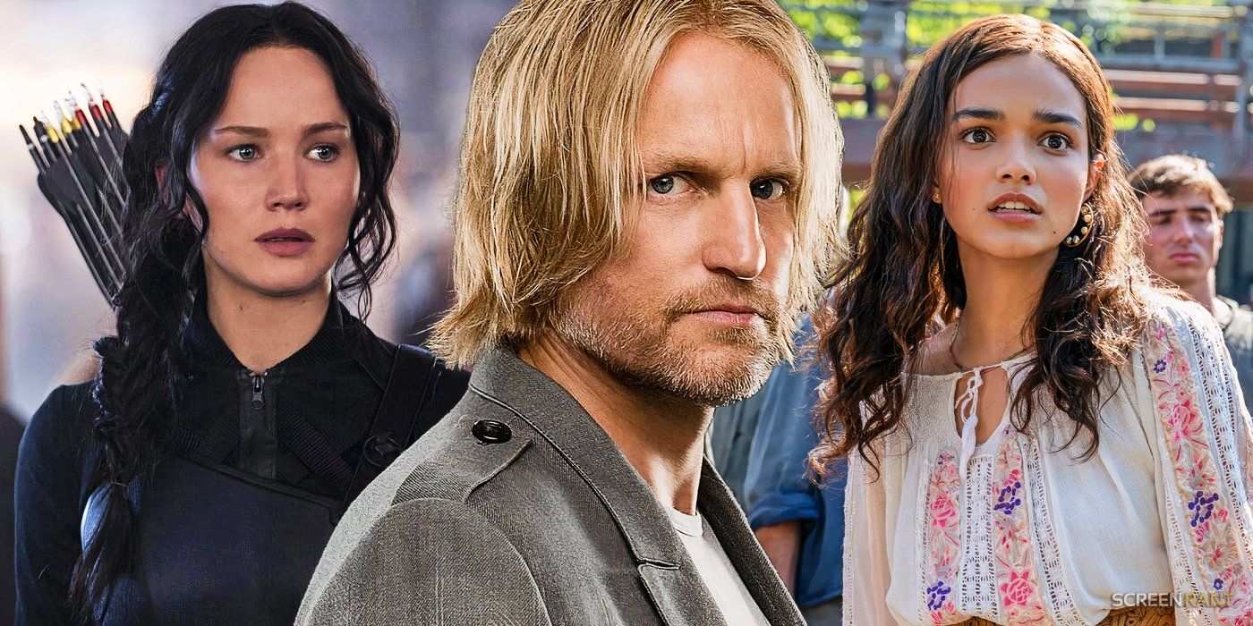 Katniss Everdeen (Jennifer Lawrence), Haymitch Abernathy (Woody Harrelson), and Lucy Gray (Rachel Zegler) in Hunger Games movies