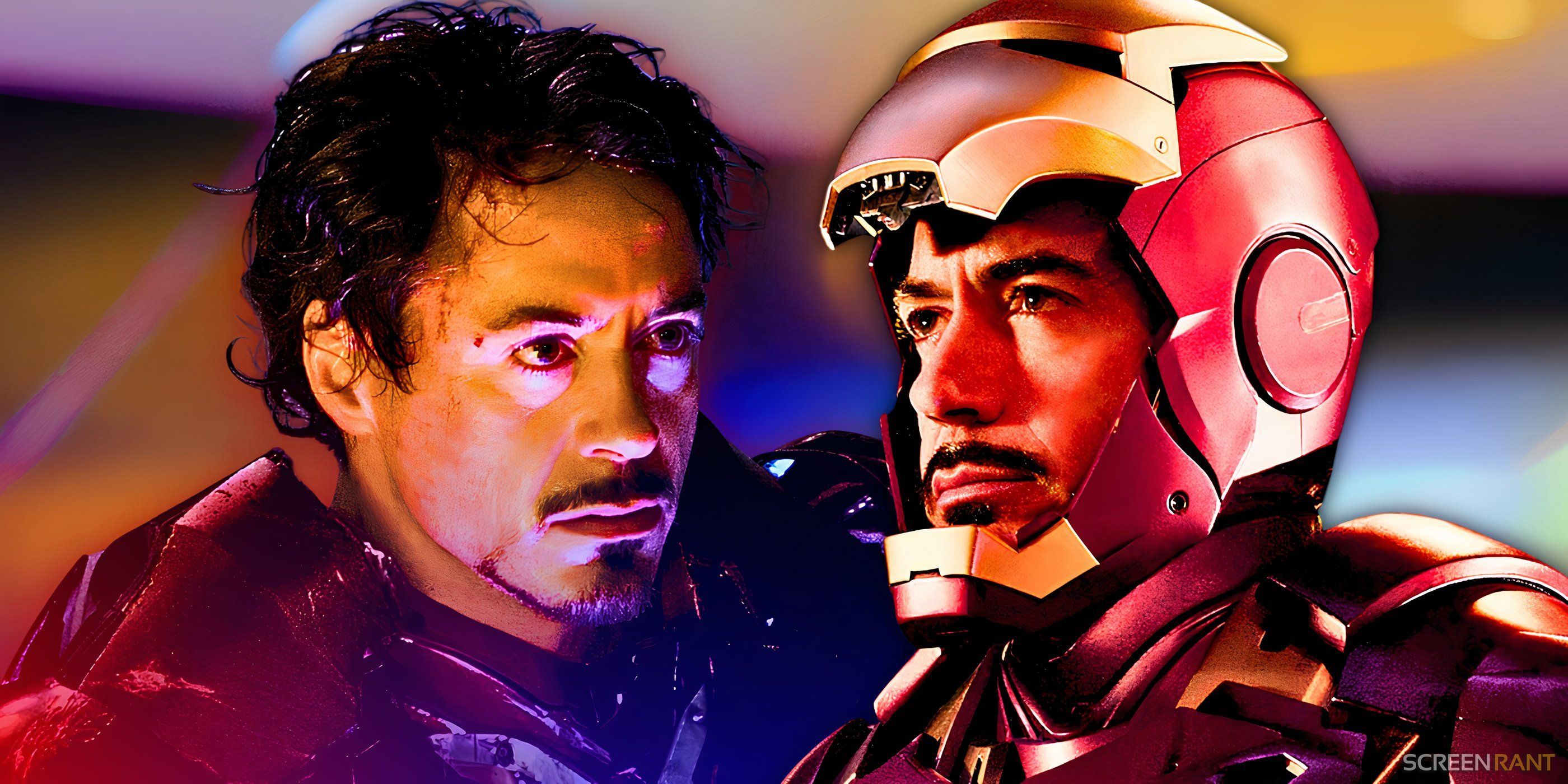 Robert Downey Jr. as Tony Stark with and without a helmet in 2008's Iron Man