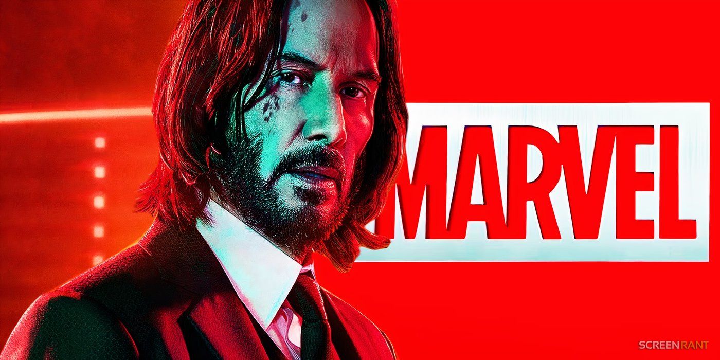 Keanu Reeves as John Wick next to the Marvel Studios logo