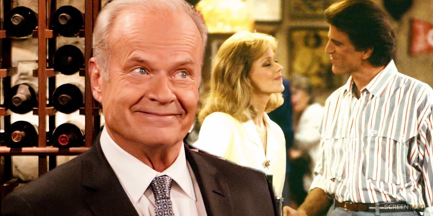 Kelsey Grammer as Frasier and Shelley Long as Diane and Ted Danson as Sam in Cheers
