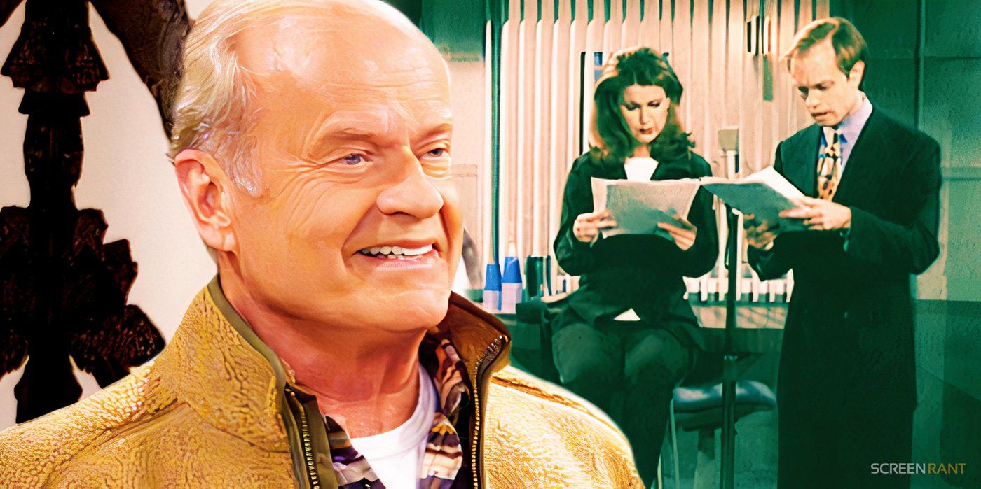 Kelsey Grammer as Frasier in the reboot with Peri Gilpin as Roz and David Hyde Pierce as Niles in the original Frasier
