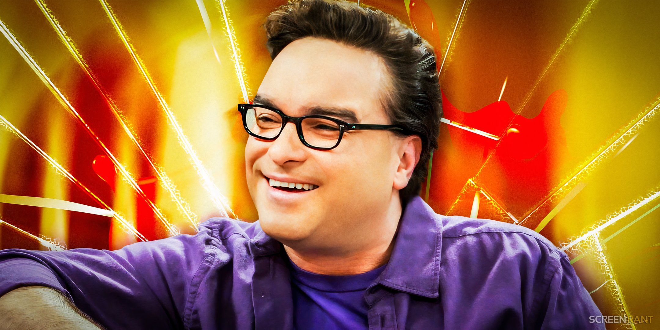 Johnny Galecki as Leonard Hofstadter in The Big Bang Theory smiling in front of a yellow and red background