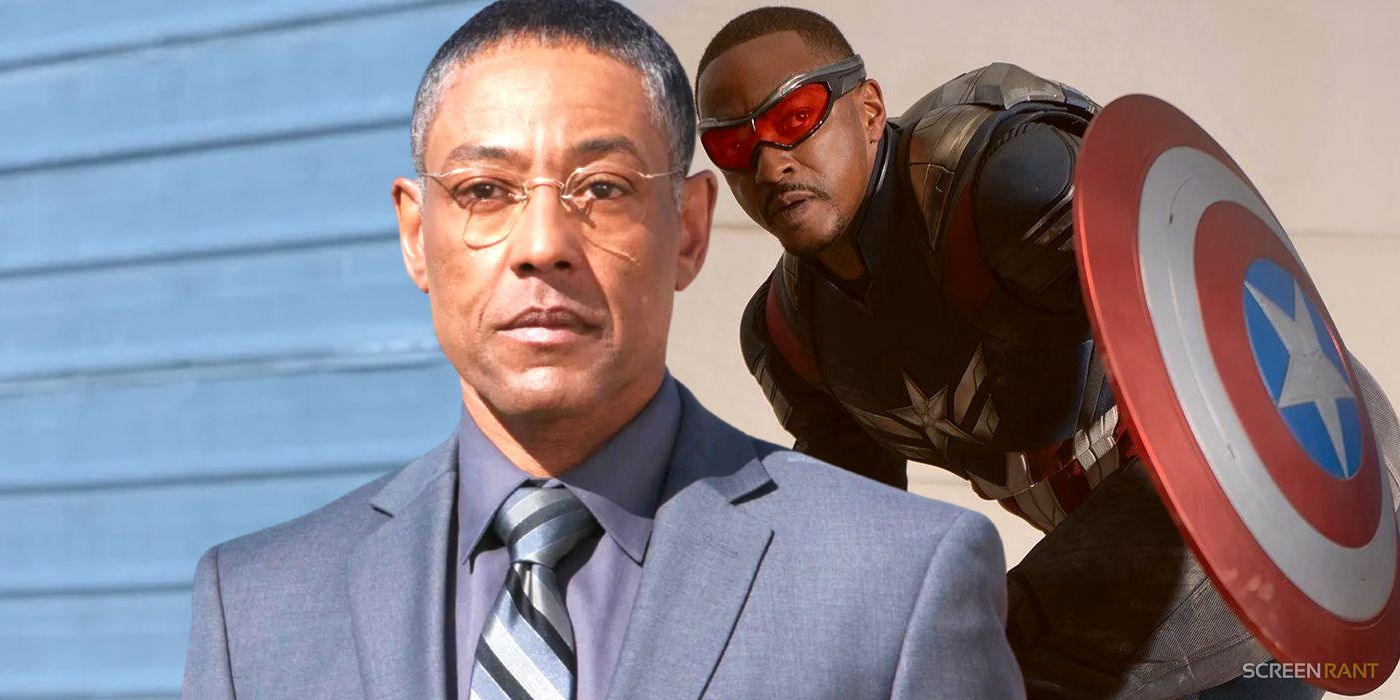 Giancarlo Esposito looking stoic with Anthony Mackie's Captain America behind him