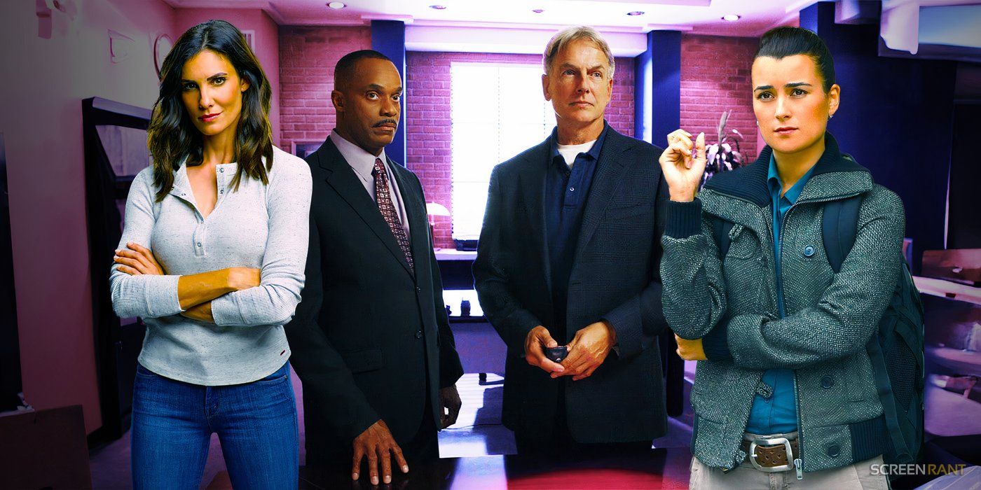 NCIS cast members in front of brick wall in office
