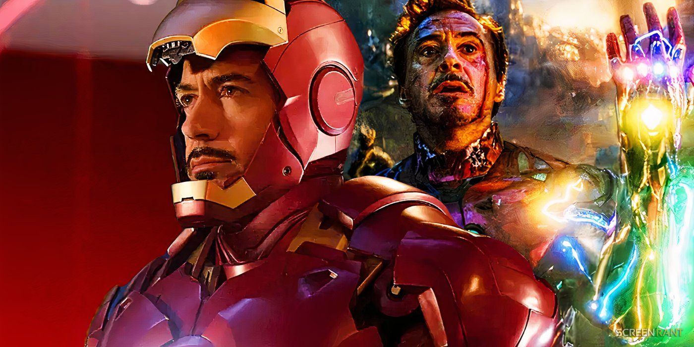 Robert Downey Jr. as Iron Man in Avengers: Endgame and Iron Man (2008) with a red hue
