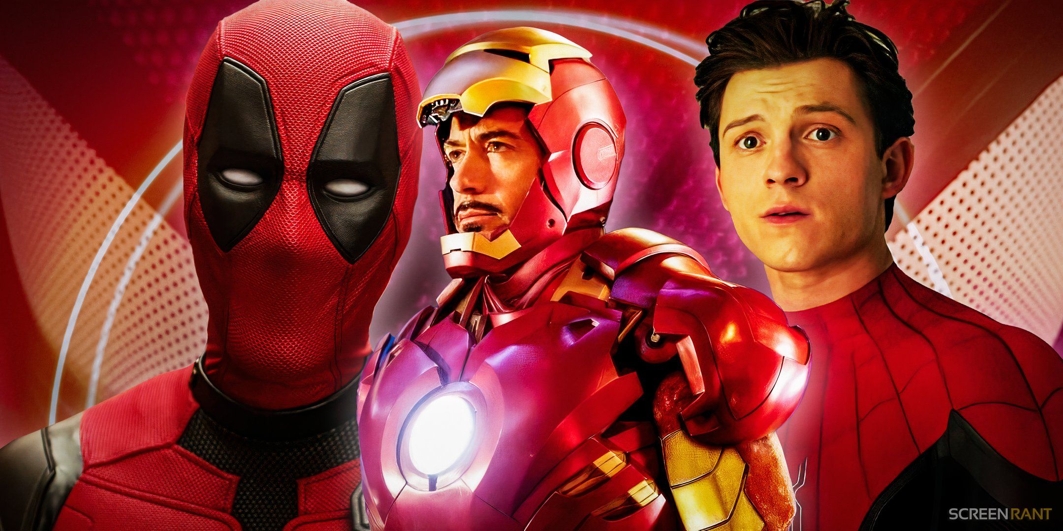 Iron Man, Deadpool, and Spider-Man from the MCU with a red and white background