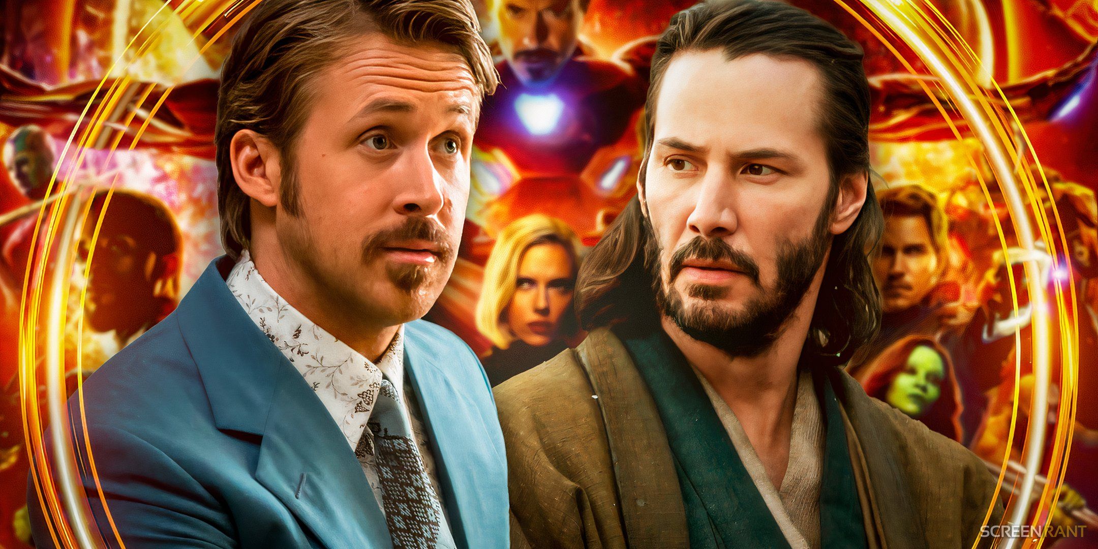 (Ryan Gosling as Holland March) from The Nice Guys and (Keanu Reeves as Kai) from 47 Ronin in front of an Avengers: Infinity War poster