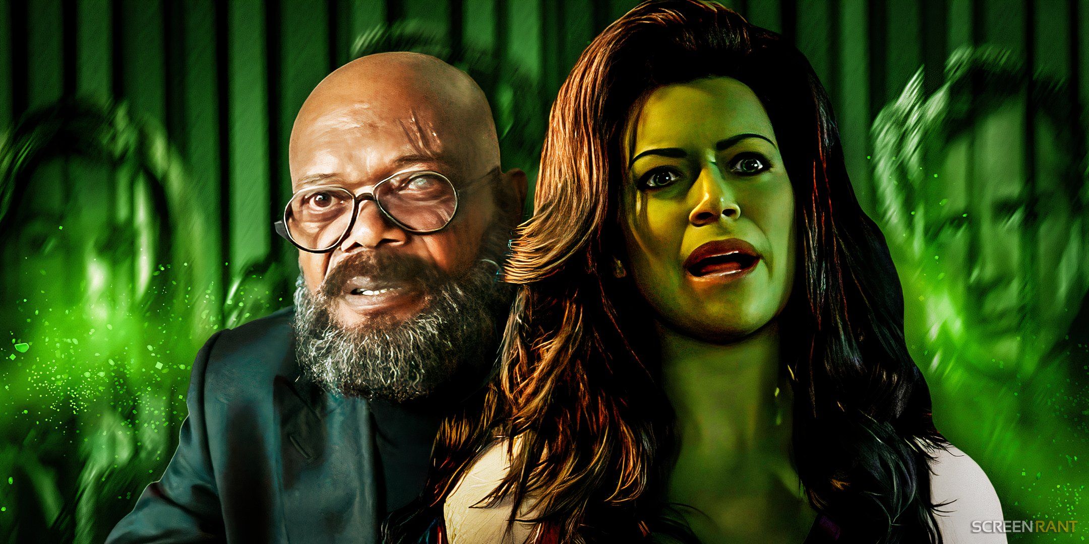 (Samuel L. Jackson as Nick Fury) from Secret Invasion and (She-Hulk in She-Hulk Attorney at Law) in front of Secret Invasion's Skrulls