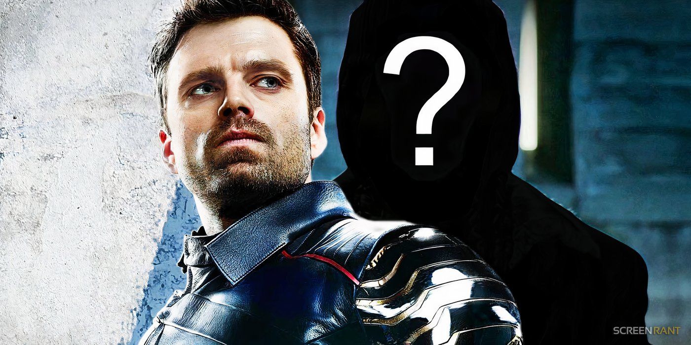 Sebastian Stan as Bucky Barnes in The Falcon and the Winter Soldier poster and the shadow of an MCU character with a question mark
