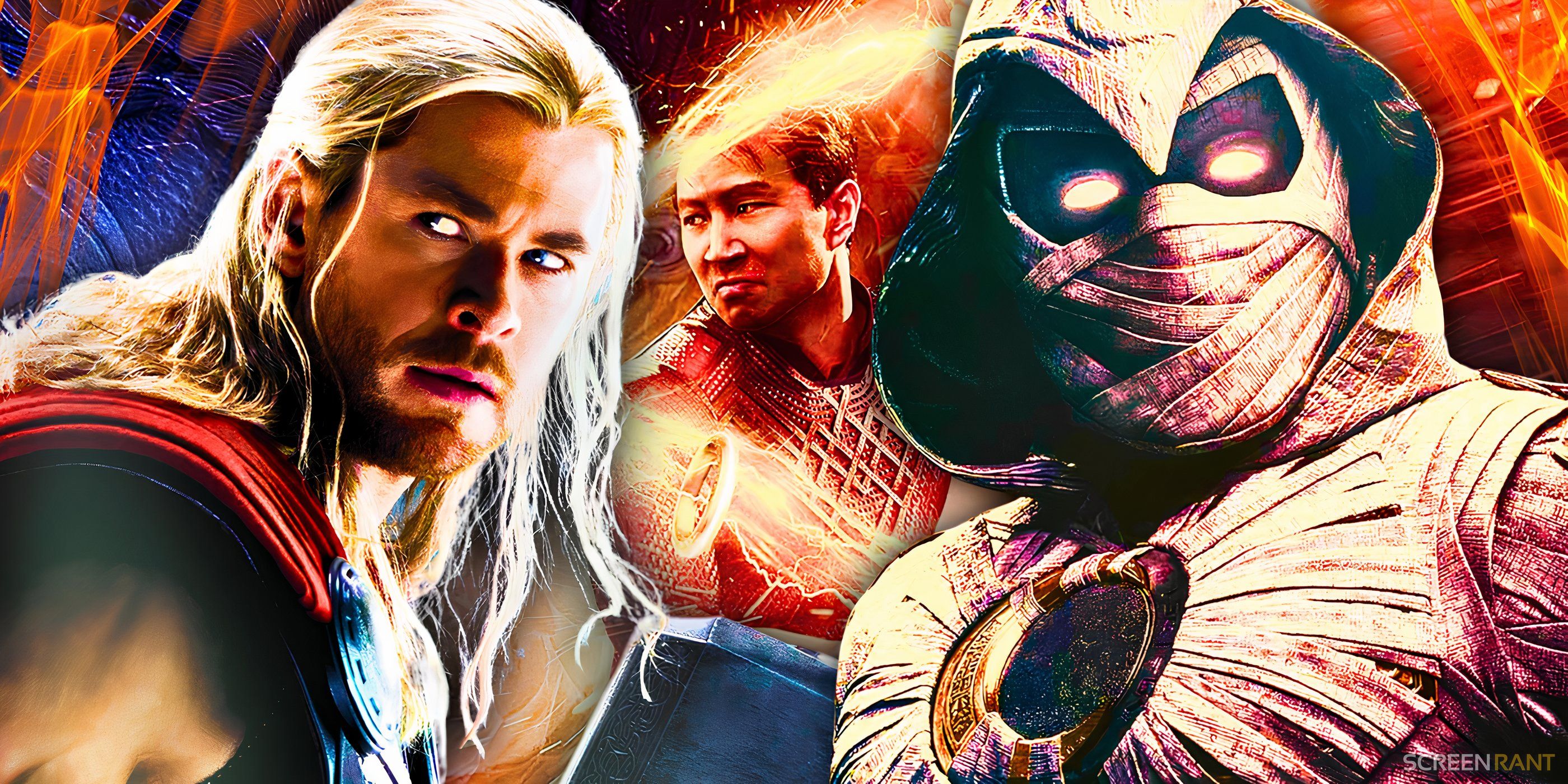 Chris Hemsworth's Thor, Simu Liu's Shang-Chi, and Oscar Isaac's Moon Knight with orange effects in the background