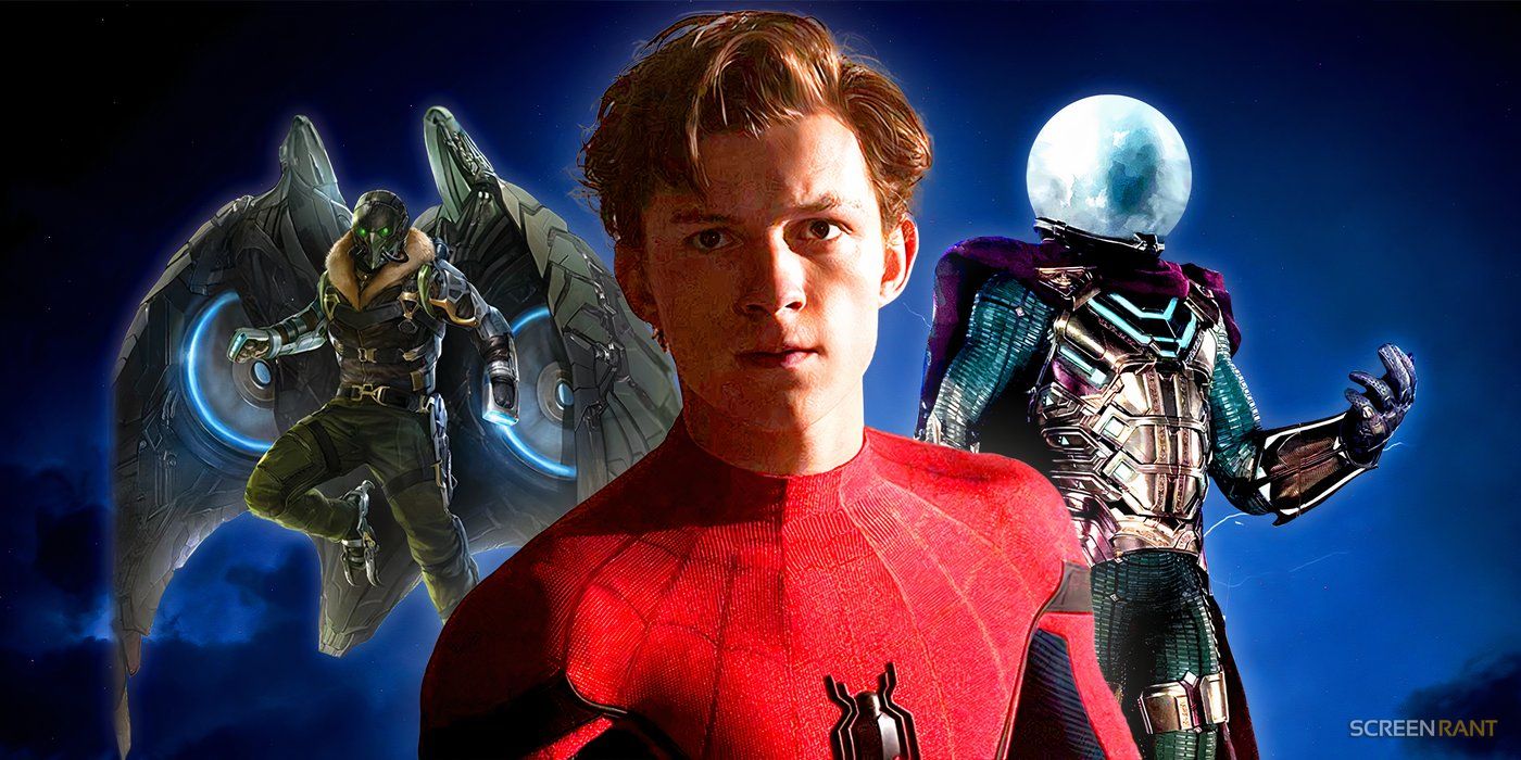 Tom Holland's Spider-Man in his Homecoming suit with Vulture and Mysterio by his sides and a blue night sky