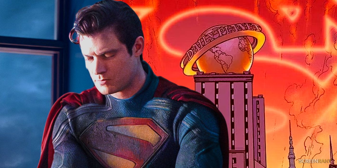David Corenswet as Superman with the Daily Planet behind him
