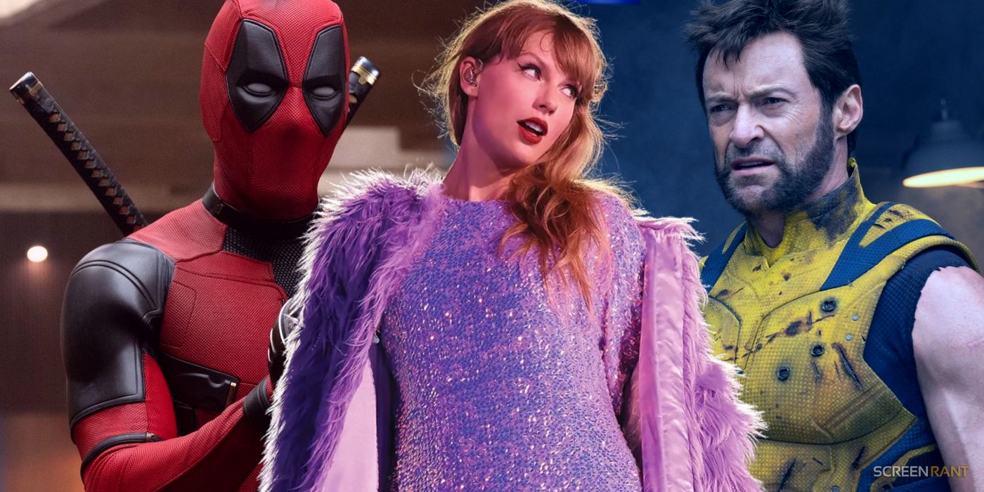 Deadpool and Wolverine on the left and right of Taylor Swift