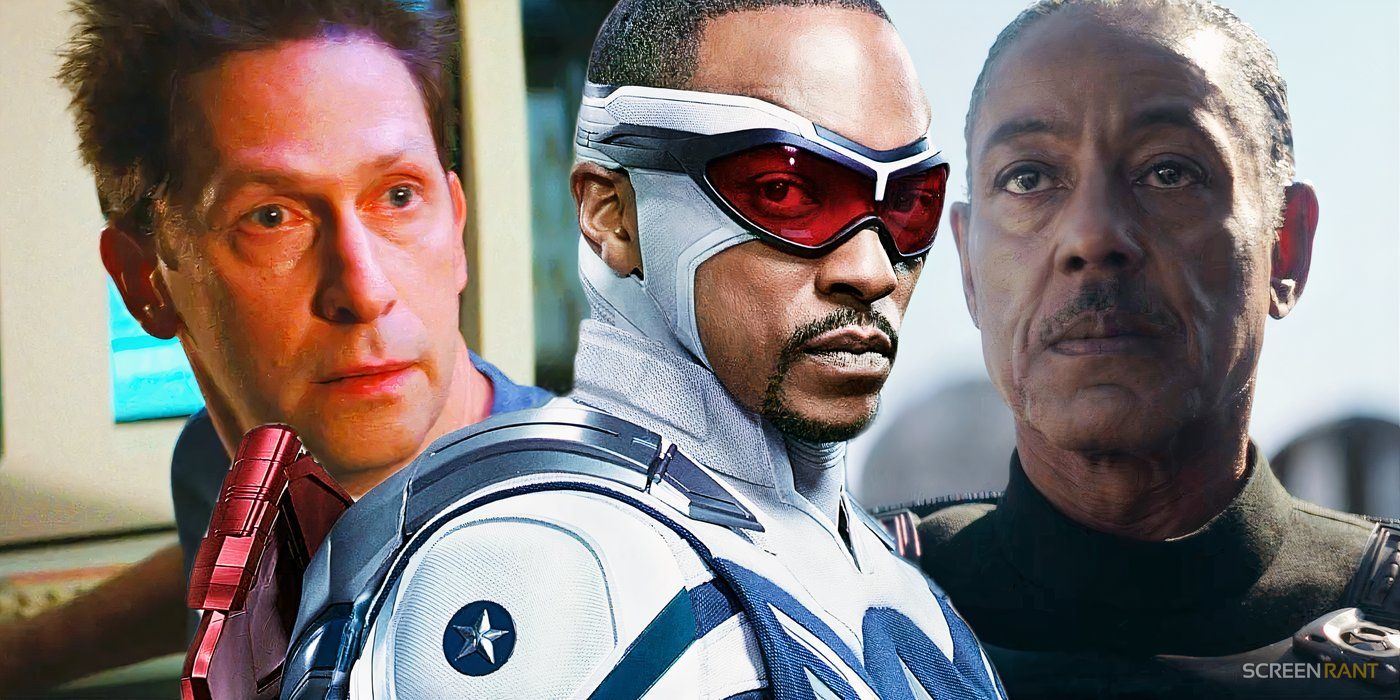 Tim Blake Nelson as Samuel Sterns in The Incredible Hulk, a poster of Anthony Mackie's Captain America in The Falcon and the Winter Soldier, and Giancarlo Esposito as Moff Gideon in The Mandalorian