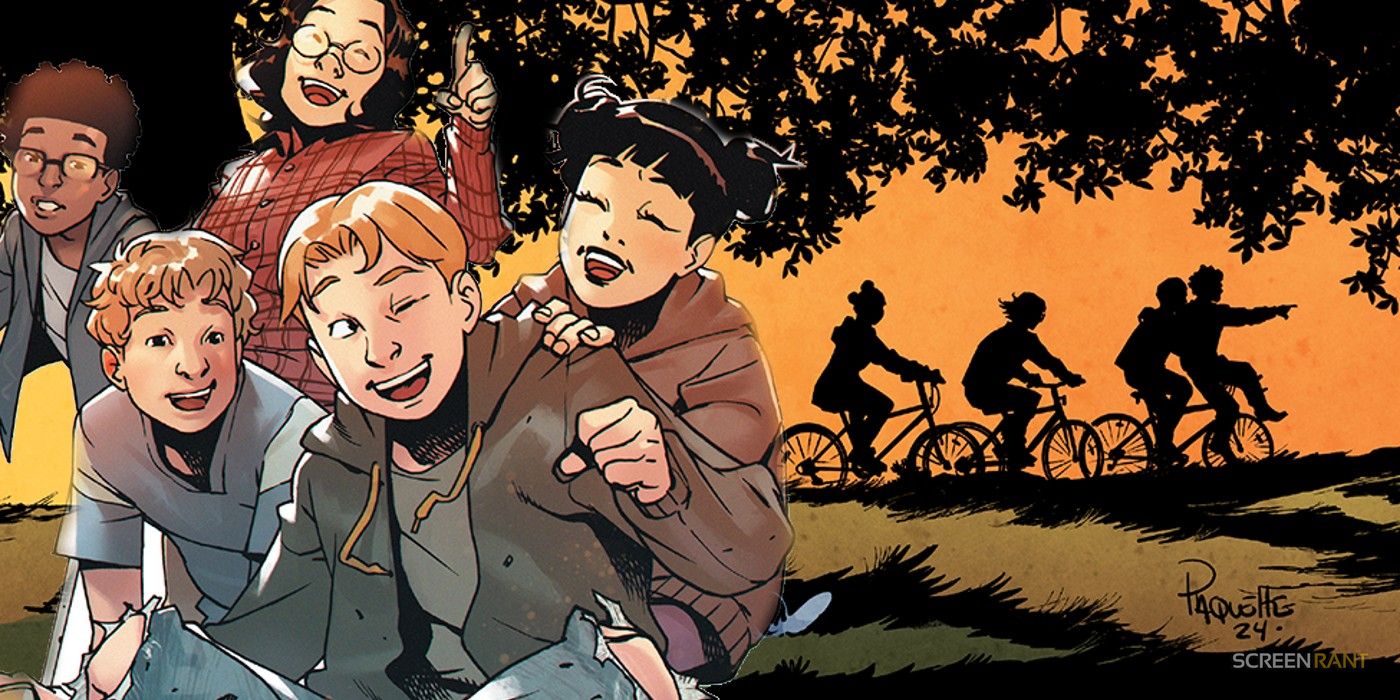 Comic book art: a group of kids superimposed over their silhouettes riding bikes in the sunset.