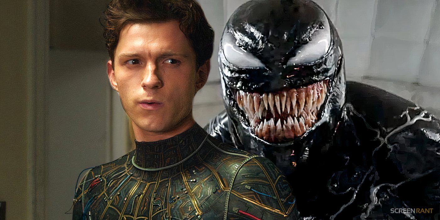 Tom Holland with the black and gold suit in Spider-Man: No Way Home and Tom Hardy's Venom in Venom: The Last Dance