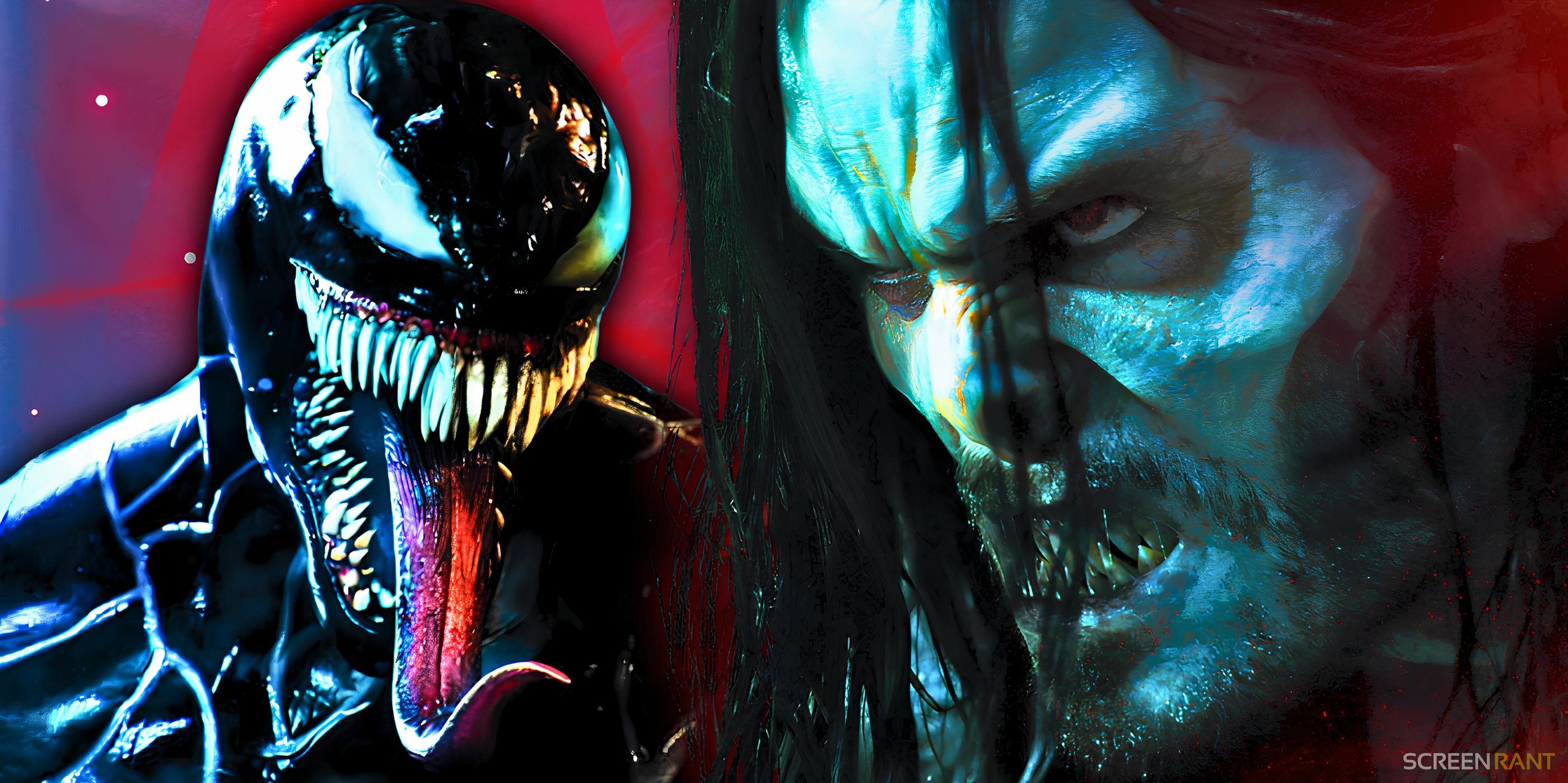 Venom with his tongue sticking out and Jared Leto's Morbius