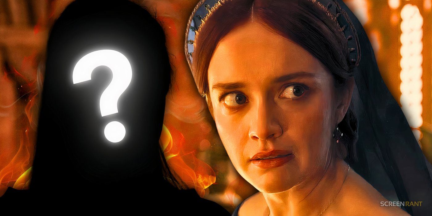 Alicent (Olivia Cooke) looking shocked in House of the Dragon season 2, next to a silhouette of Milly Alcock&rsquo;s Rhaenyra