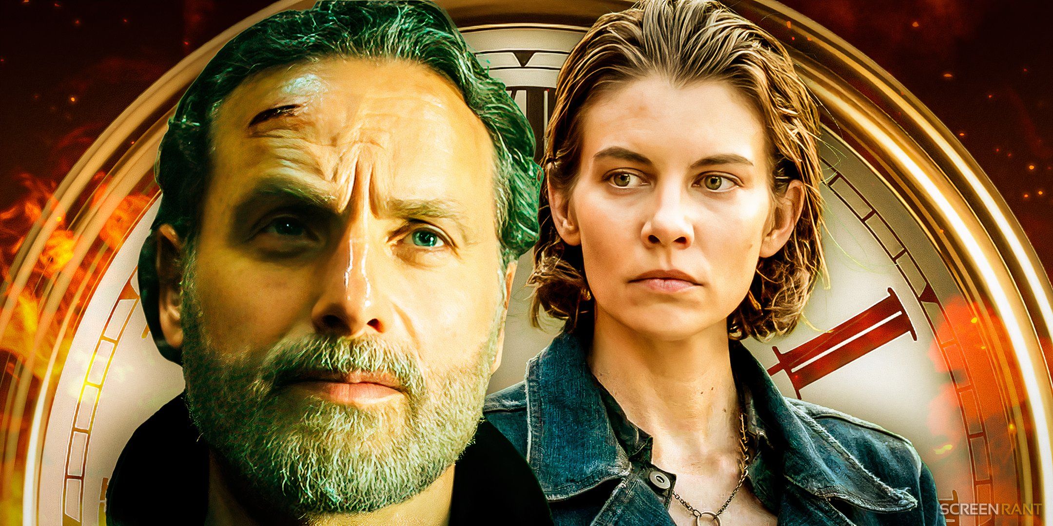 Andrew Lincoln as Rick in The Walking Dead and Lauren Cohan as Maggie in front of a clock.