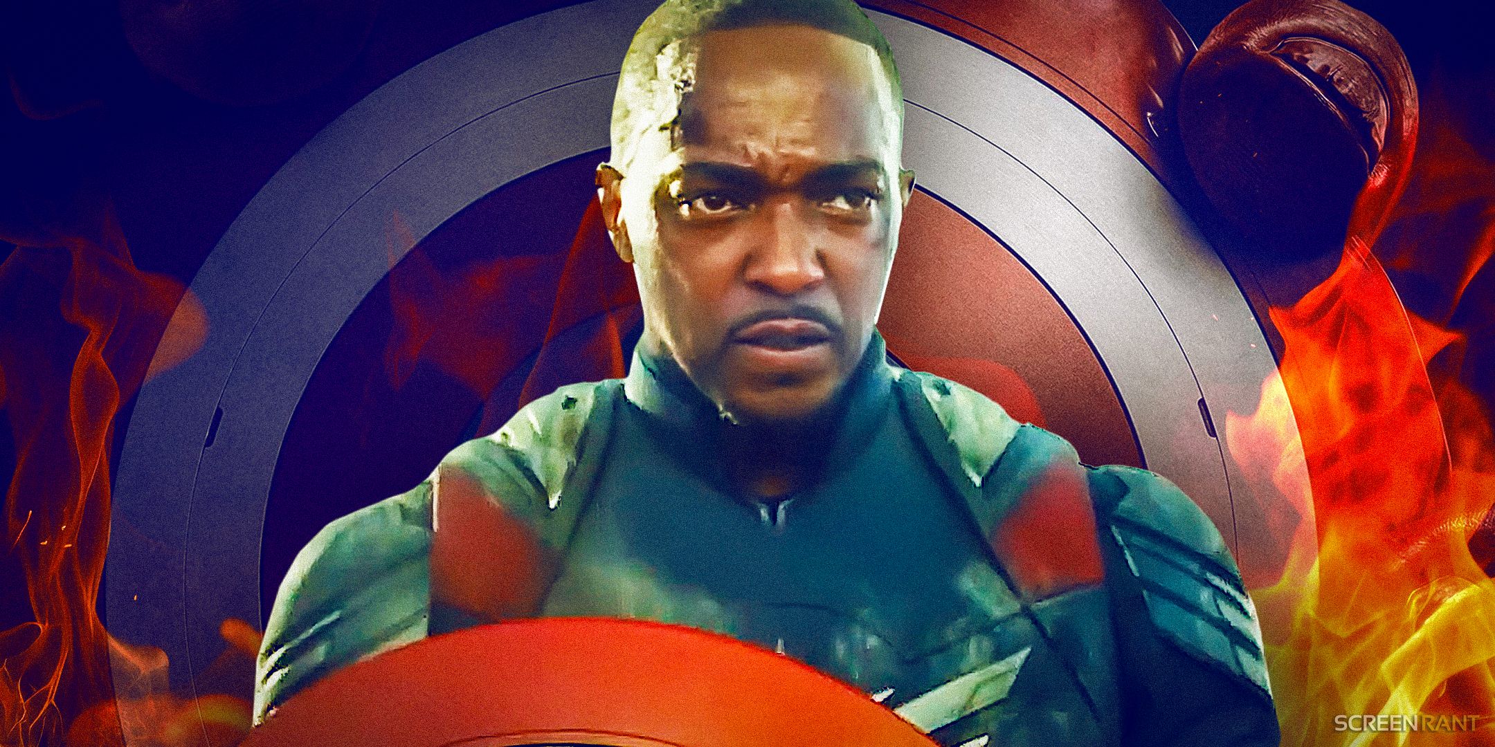 Anthony Mackie As Captain America In Costume With Red Hulk Grabbing The Shield In The Background