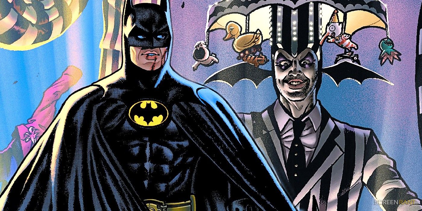 Arte de história em quadrinhos: Batman de Keaton ao lado de Beetlejuice.