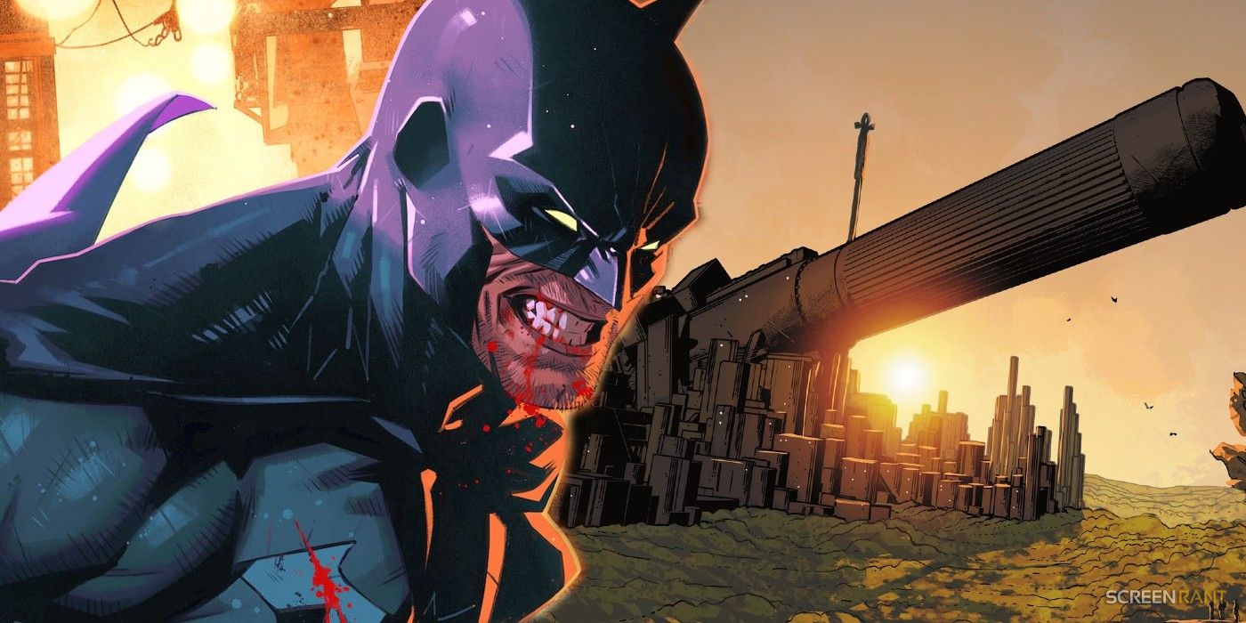 Comic book art: Batman grimacing in front of a massive cannon.