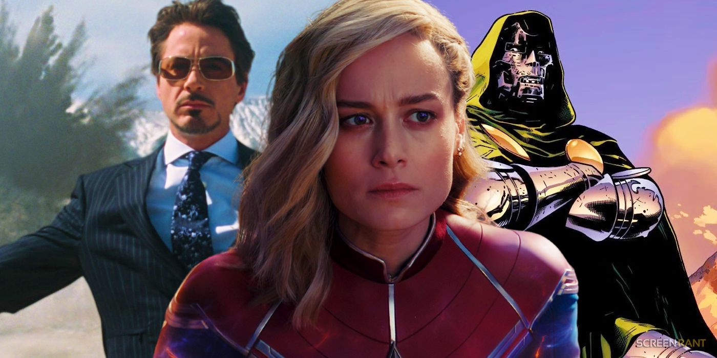 Brie Larson as Captain Marvel next to Tony Stark and Doctor Doom