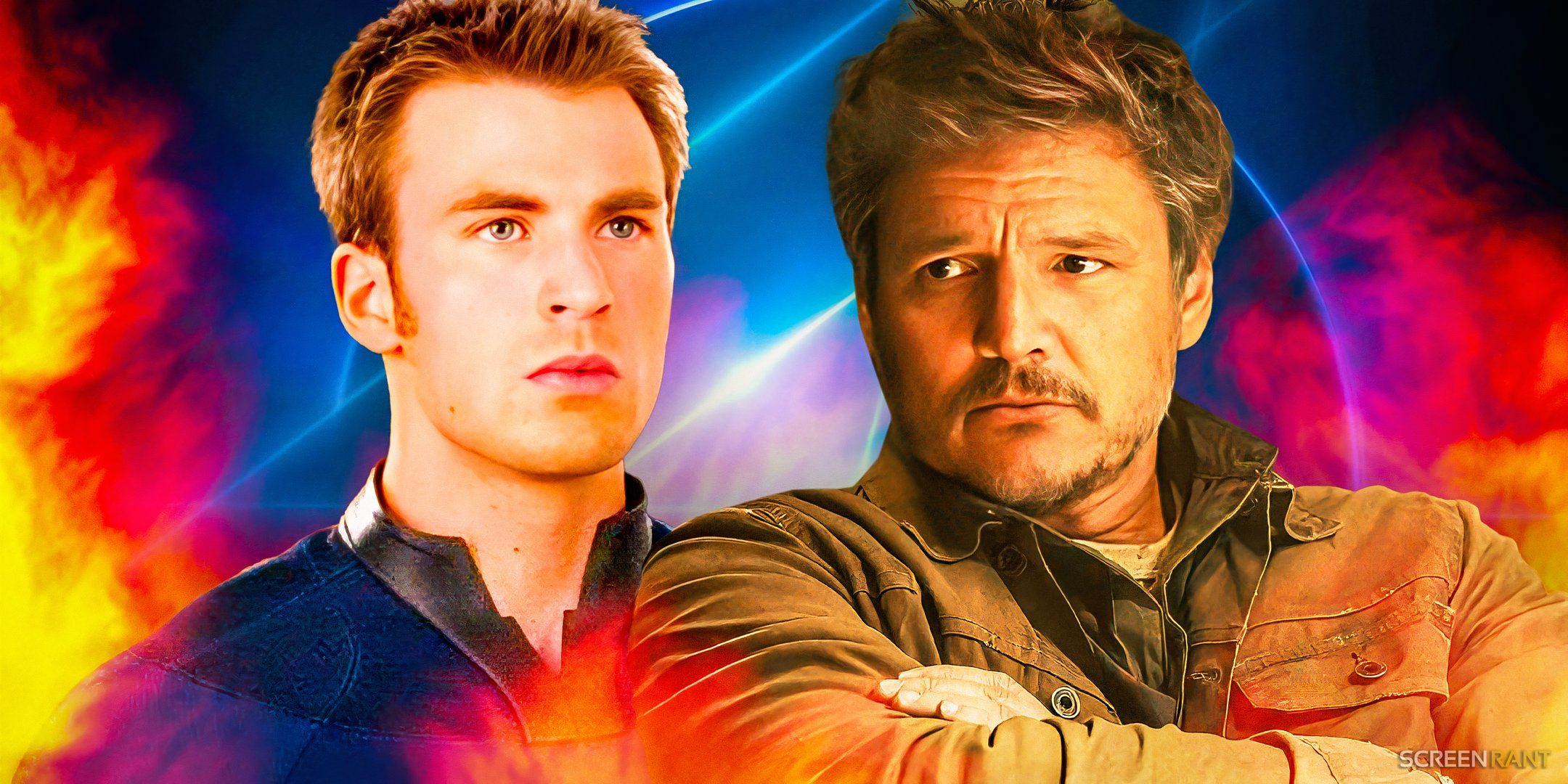 Chris Evans' Johnny Storm from the 2000s Fantastic Four and Pedro Pascal's Joel Miller from The Last of Us with flame effects and the Fantastic Four logo behind them