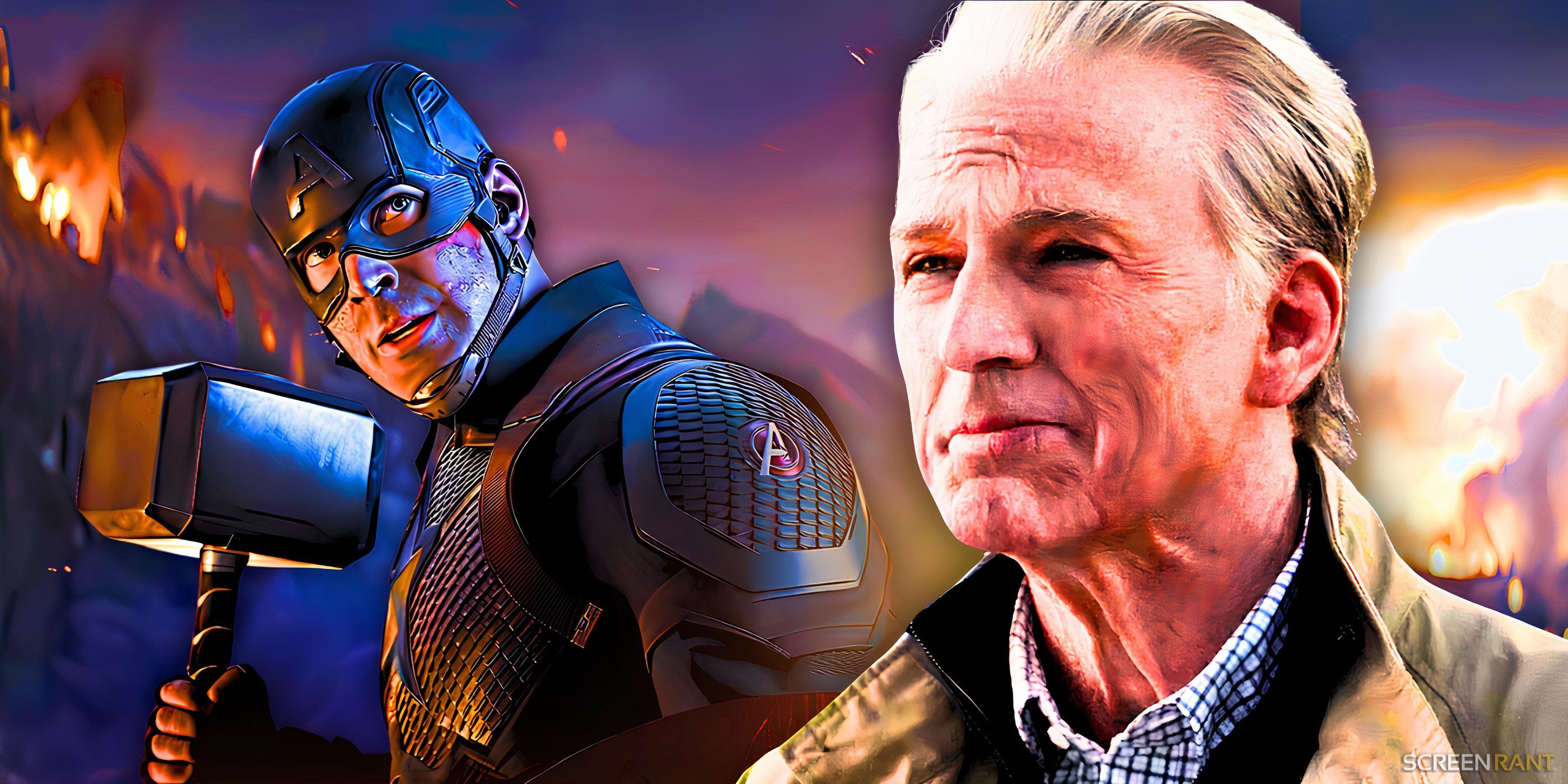 Chris Evans' Captain America with Mjolnir and Steve Rogers as an old man in Avengers: Endgame