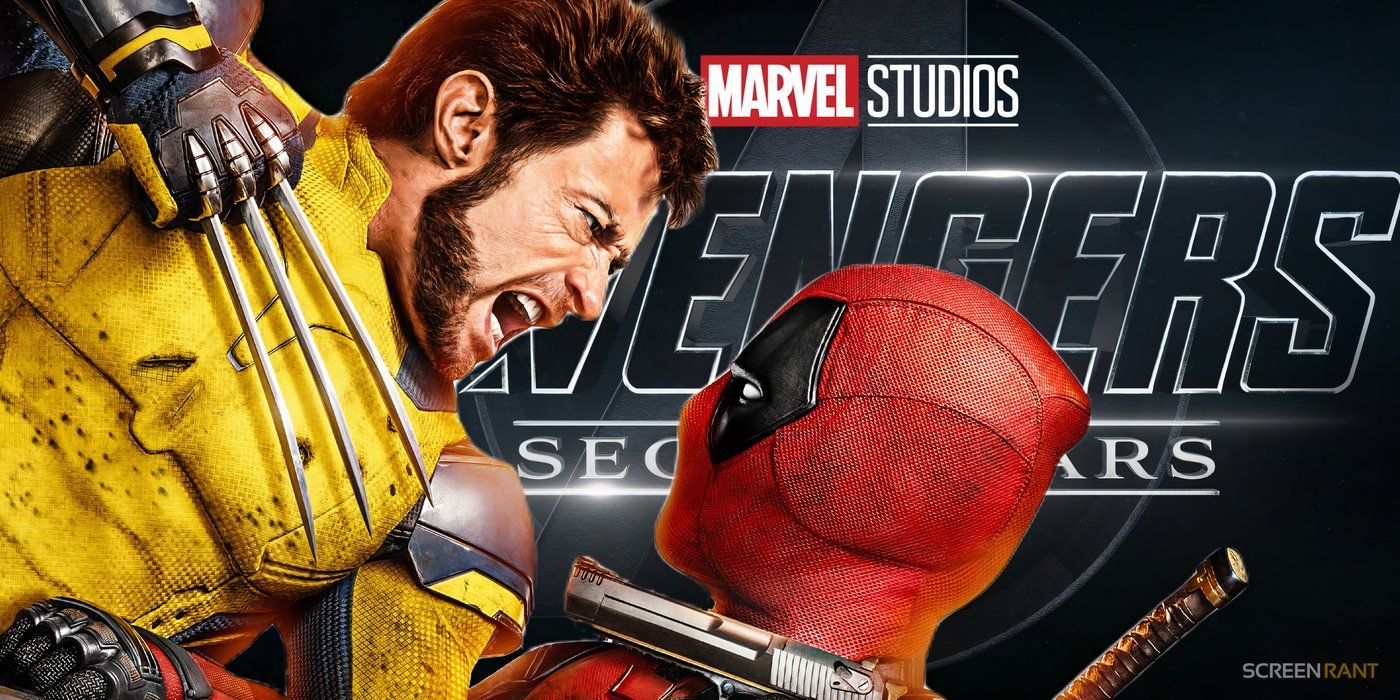 Deadpool and Wolverine fighting and the Avengers Secret Wars logo