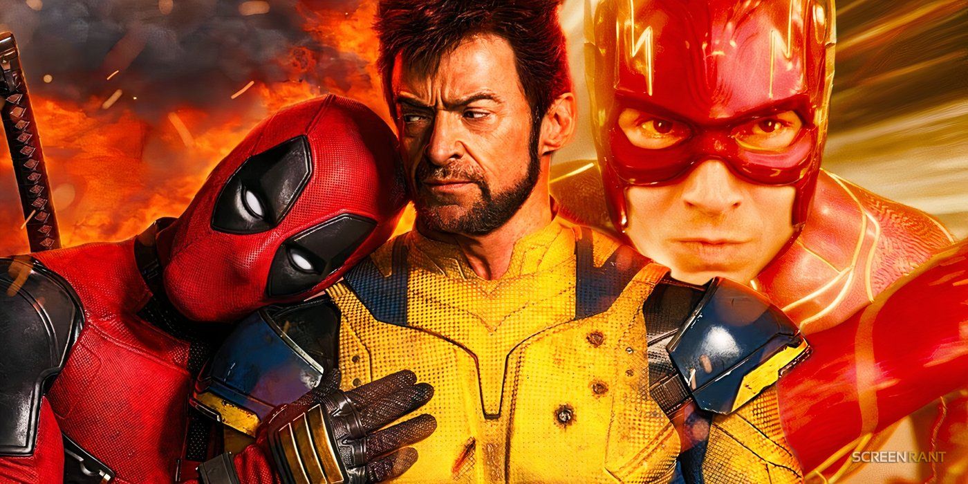 Deadpool lying on Wolverine&rsquo;s shoulder with an explosion in the background in a Deadpool &amp; Wolverine poster and Ezra Miller&rsquo;s The Flash running
