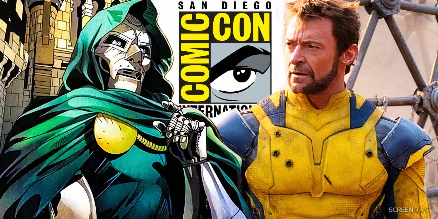 Doctor Doom de Marvel Comics y Wolverine de Hugh Jackman de Deadpool & Wolverine con el logo de SDCC entre ellos