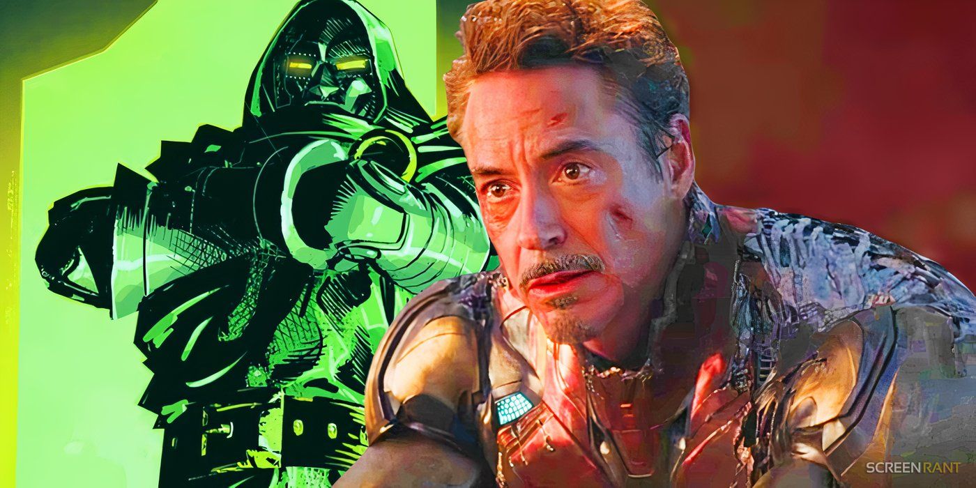 Doctor Doom from Marvel Comics and Robert Downey Jr.'s Iron Man unmasked and hurt in Avengers Endgame