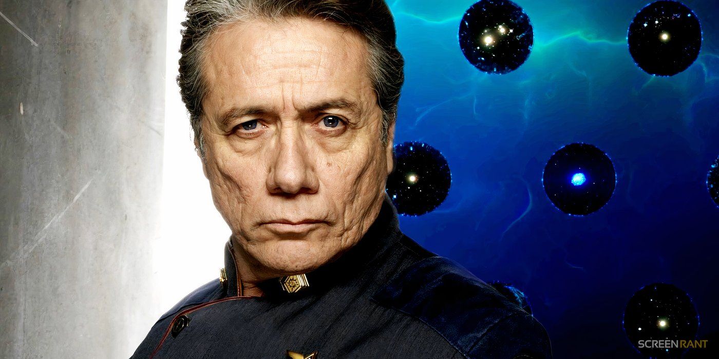 Edward James Olmos as Adama looking serious in Battlestar Galactica and the Ring Gates from the Expanse.