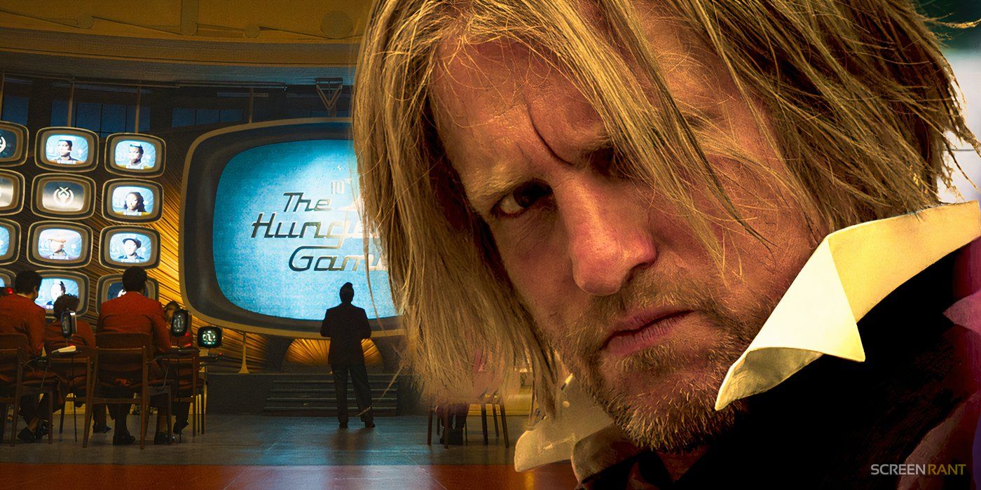 Woody Harrelson as Haymitch in The Hunger Games with the Ballad of Songbirds and Snakes video screen in the background