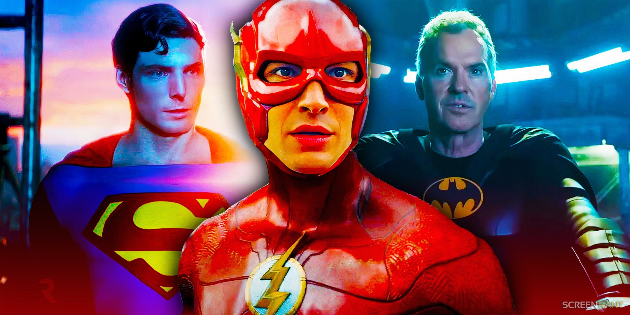 Christopher Reeve's Superman, Ezra Miller's The Flash, and Michael Keaton's Batman in The Flash