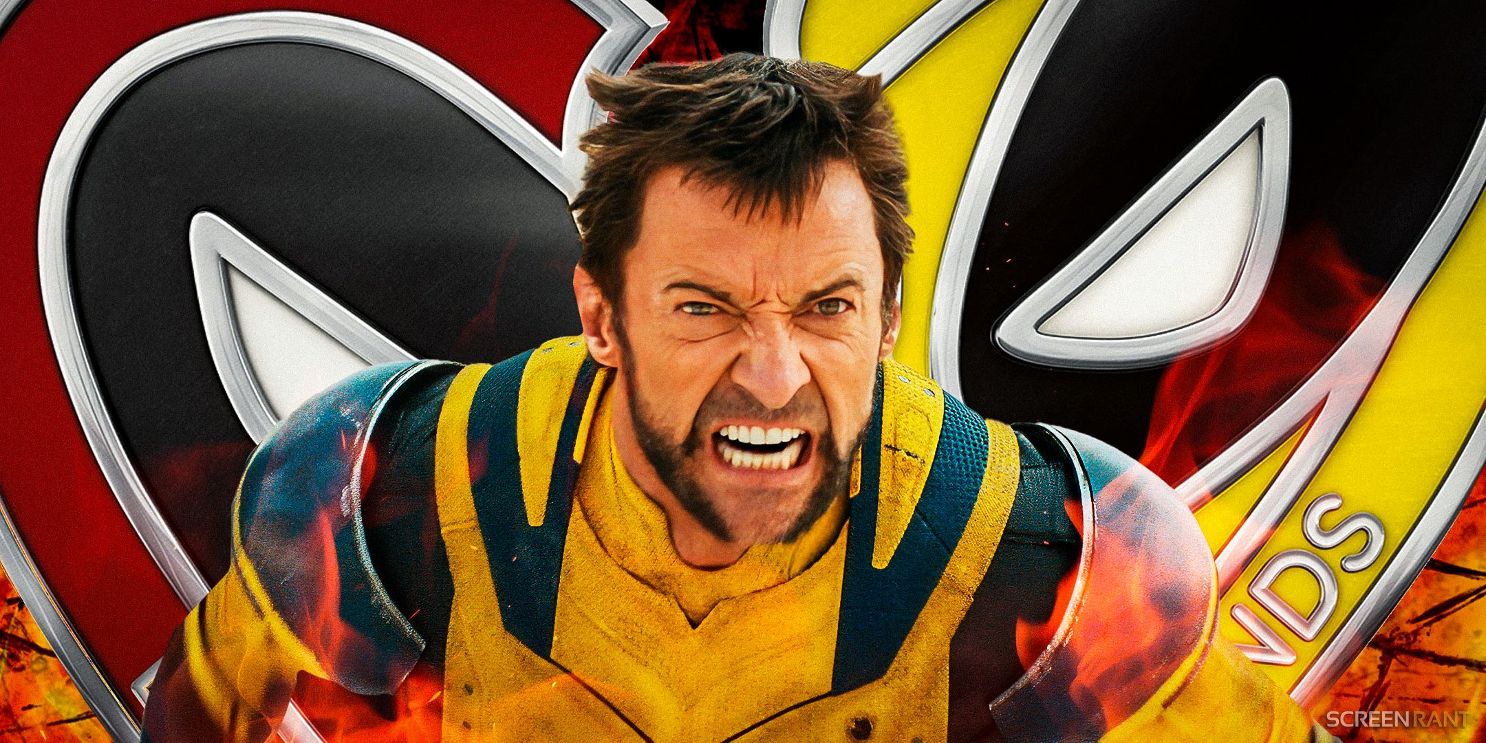 Hugh Jackman como Wolverine rosnando em uma posição de luta com os colares de amizade de Deadpool e Wolverine ao fundo