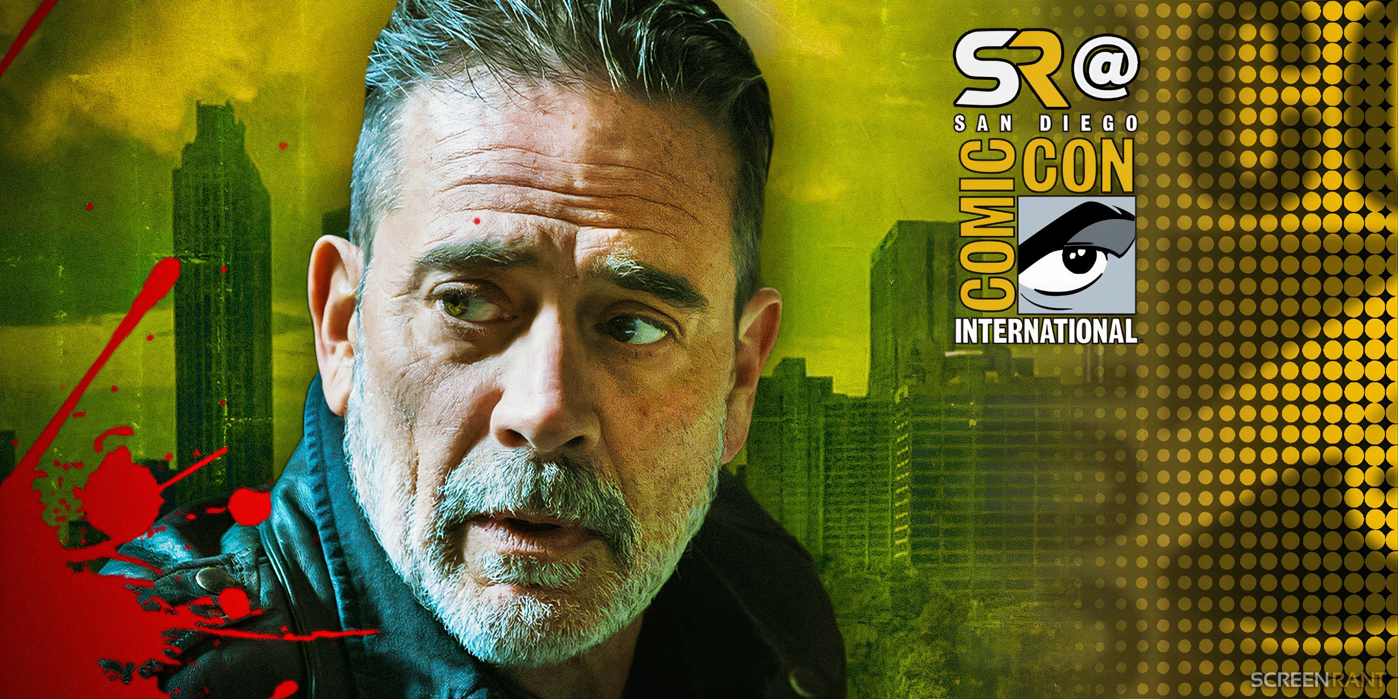 Jeffrey Dean Morgan as Negan in The Walking Dead with a bloodsplatter and the SDCC 2024 logo