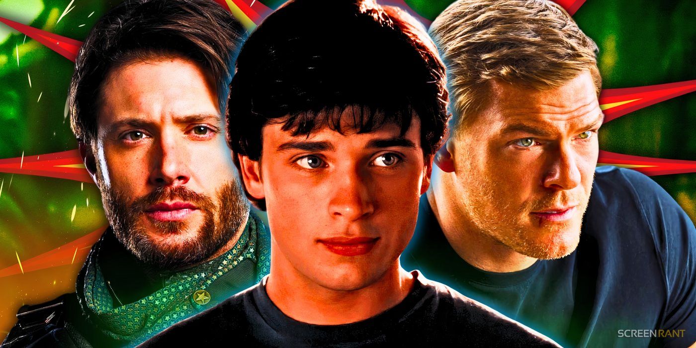 Tom Welling como Clark Kent em Smallville e Jensen Ackles como Soldier Boy em The Boys e Alan Ritchson como Jack Reacher em Reacher de cada lado.