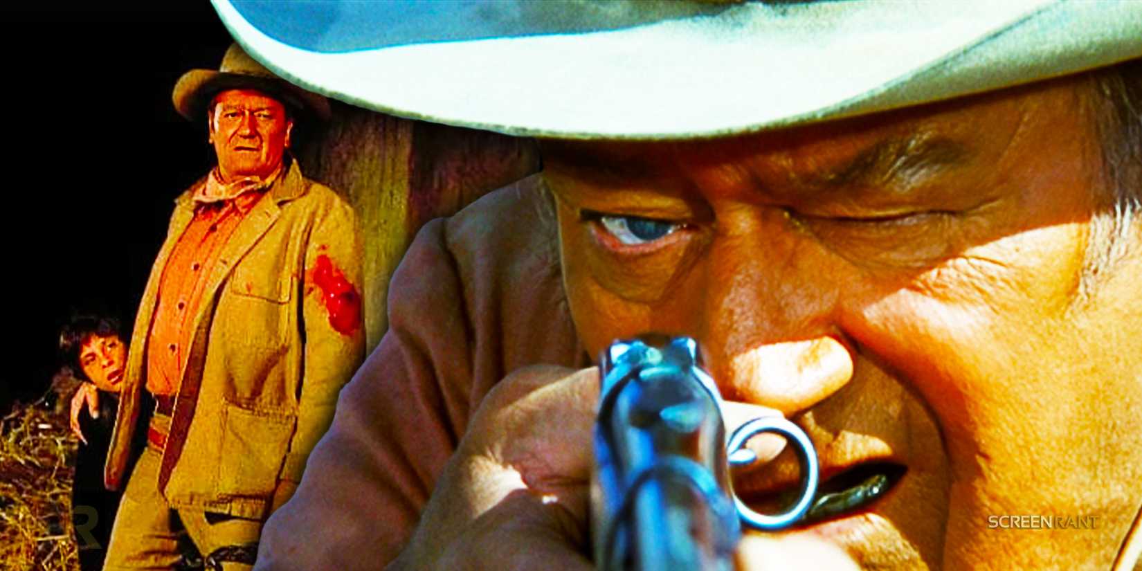 John Wayne with a bloody bullet hole on his arm and Wayne pointing a rifle as Big Jake