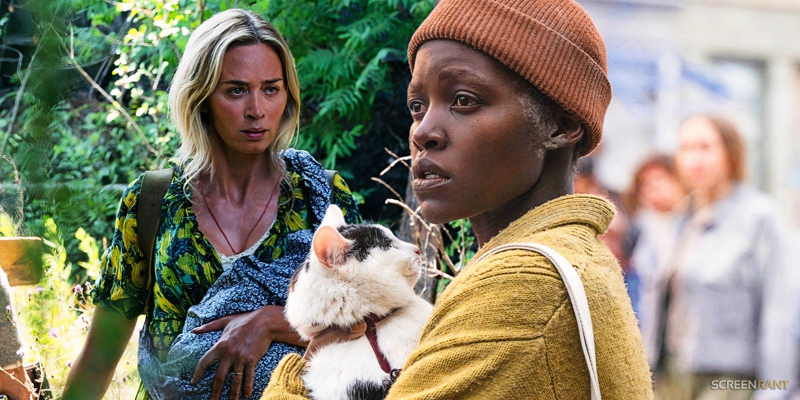 Emily Blunt as Evelyn Abbott in A Quiet Place Part II and Lupita Nyong'o as Sam in A Quiet Place: Day One