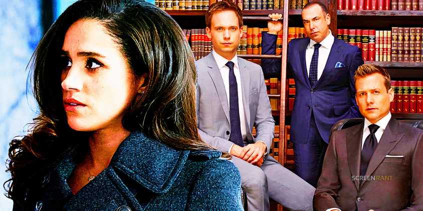 Meghan Markle as Rachel, Patrick J. Adams as Mike, Rick Hoffman as Louis, and Gabriel Macht as Harvey in Suits