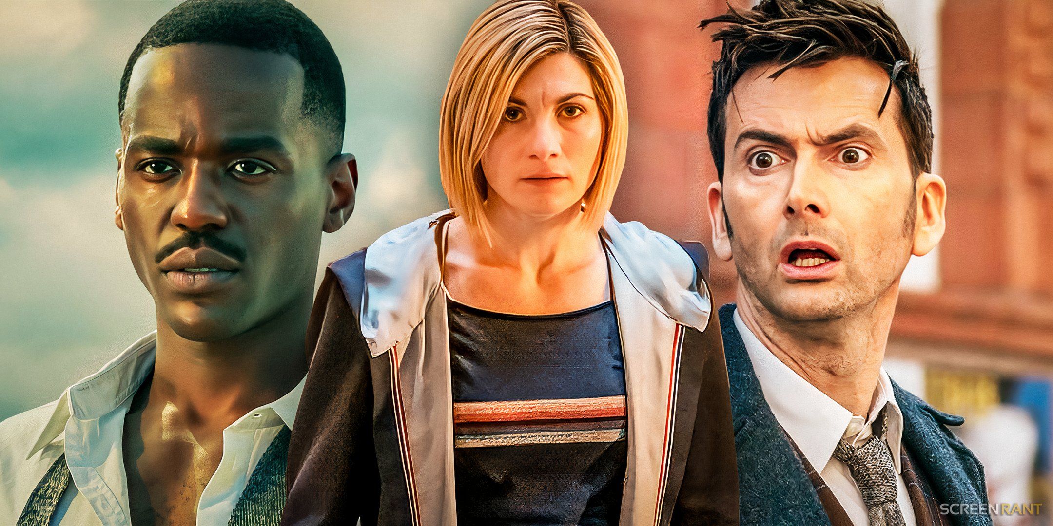 Nkuti Gatwa como el Decimoquinto Doctor, Jodie Whittaker como el Decimotercer Doctor y David Tennant como el Decimocuarto Doctor Who