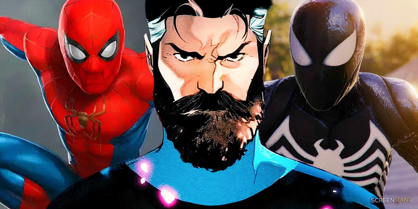 Reed Richards with a beard in Marvel Comics and Tom Holland's Spider-Man suit from the end of Spider-Man: No Way Home and the black suit from Marvel's Spider-Man 2