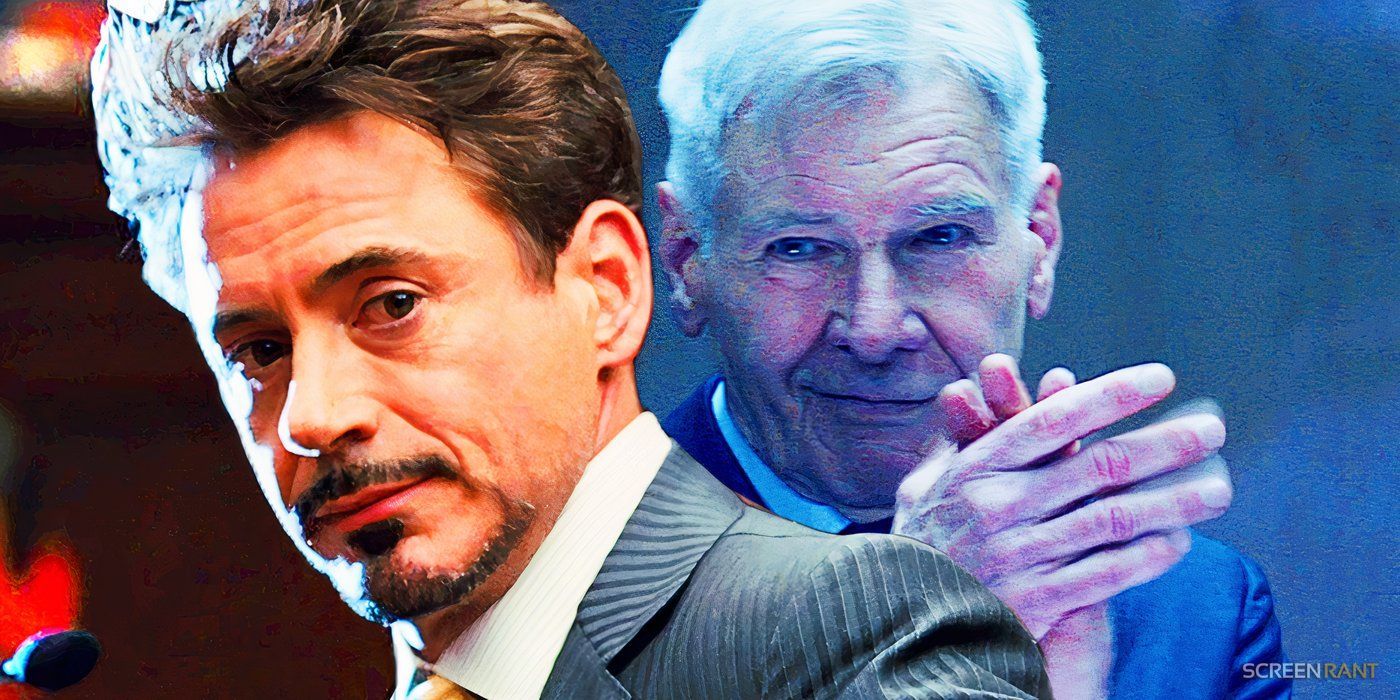 Robert Downey Jr. as Tony Stark in Iron Man 2 and Harrison Ford as Thunderbolt Ross in Captain America: Brave New World