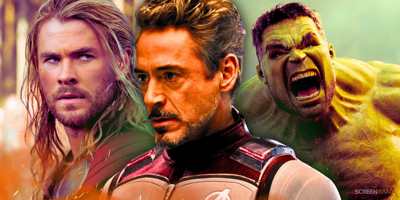 Robert Downey Jr.'s Iron Man unmasked in the white Avengers: Endgame suit with Chris Hemsworth's Thor and Mark Ruffalo's Hulk on each side