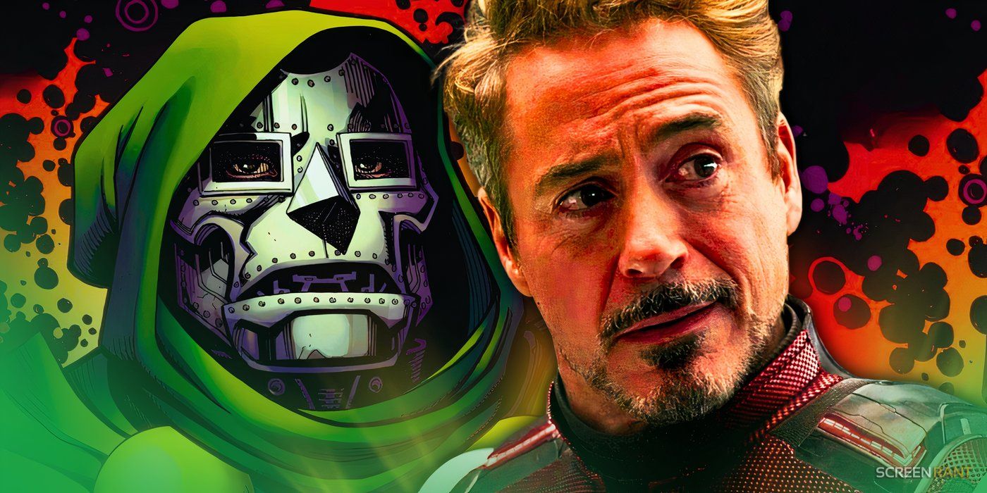 Robert Downey Jr.'s Tony Stark in Avengers: Endgame's time travel suit and Doctor Doom in Marvel Comics with a fiery cosmic background