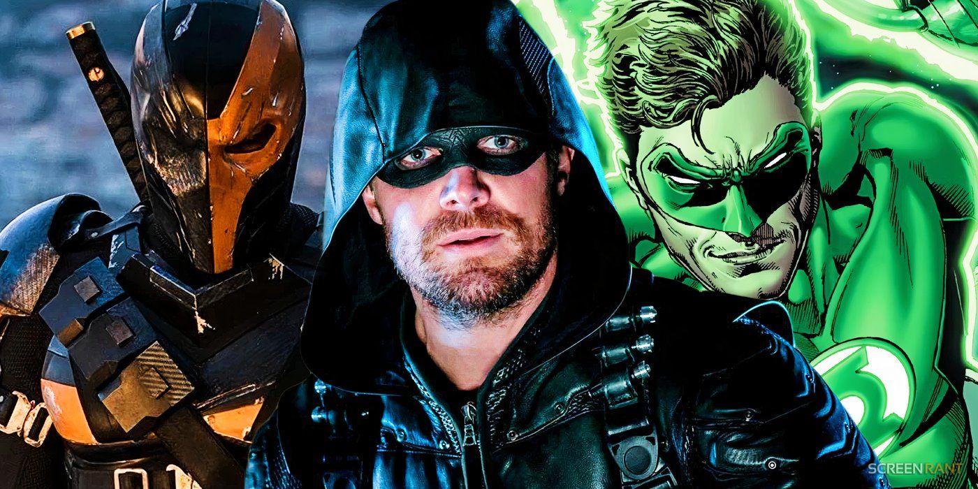 Stephen Amell's Green Arrow with Joe Manganiello's masked Deathstroke and the Hal Jordan Green Lantern from DC Comics