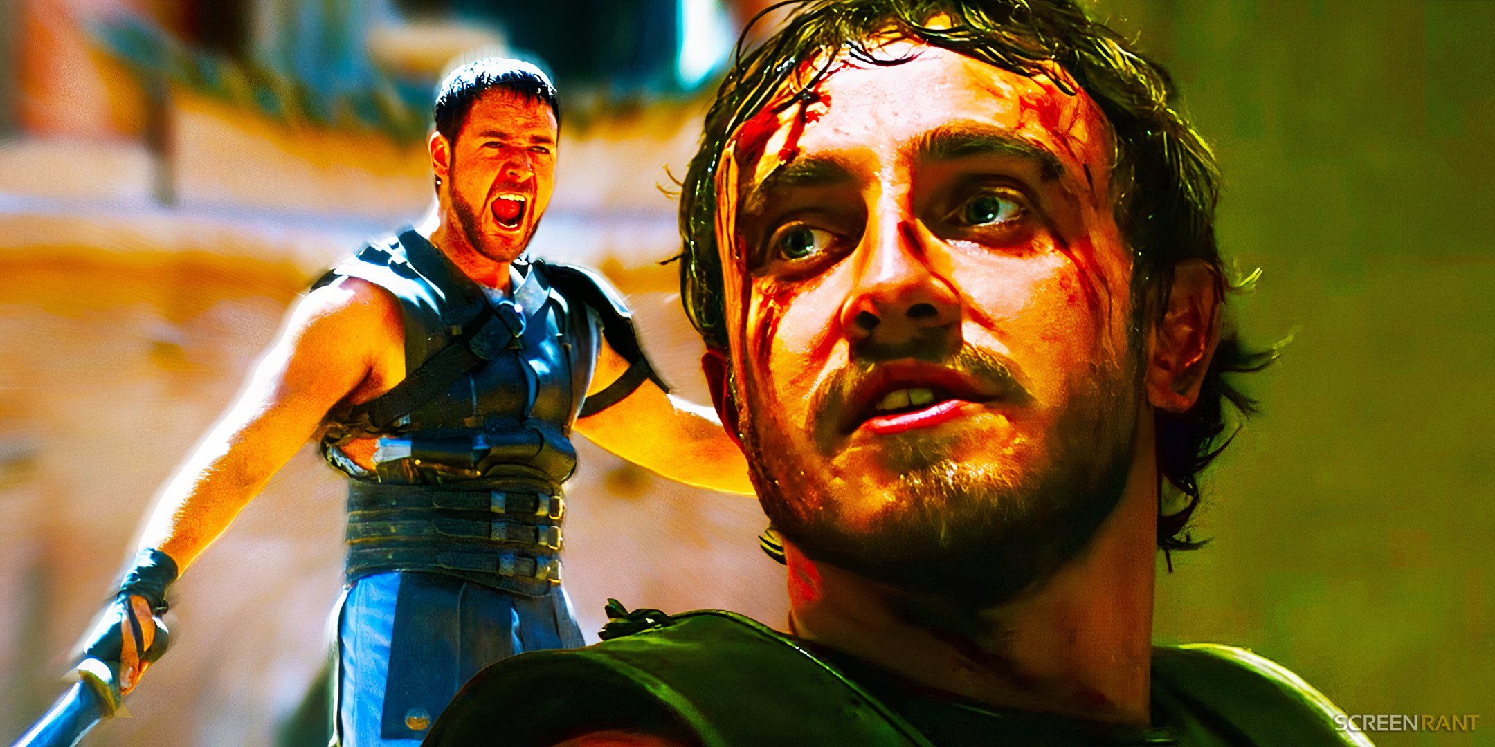 راسل كرو يصرخ في فيلم Gladiator بجانب بول ميسكال الملطخ بالدماء في فيلم Gladiator 2