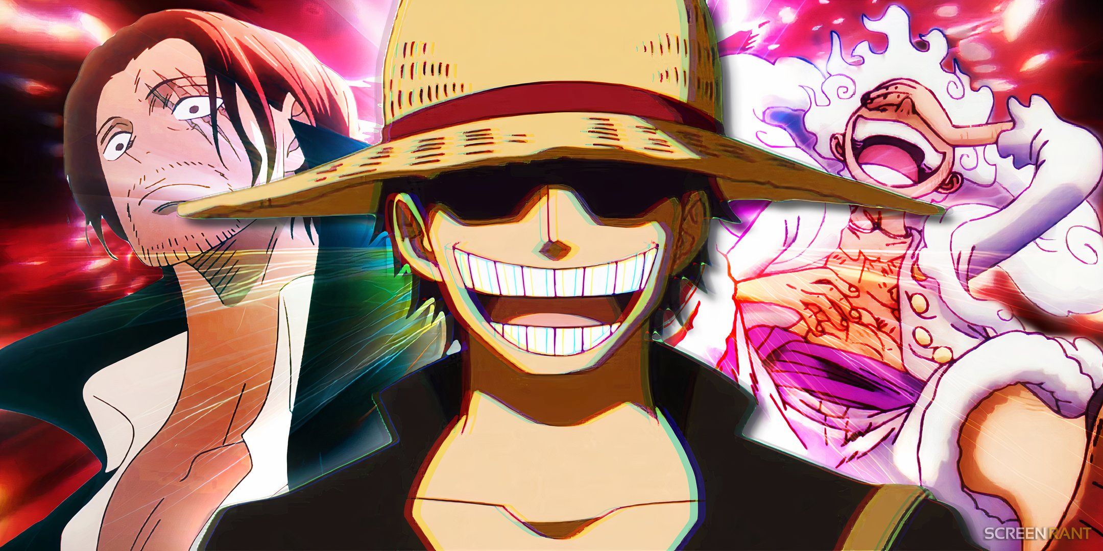 a young roger wearing a straw hat with gear five luffy ion the background to the right and shanks to the left as seen in one piece's anime er wearing a straw hat with gear five luffy ion the background to the right and shanks to the left as seen in one piece's anime 3